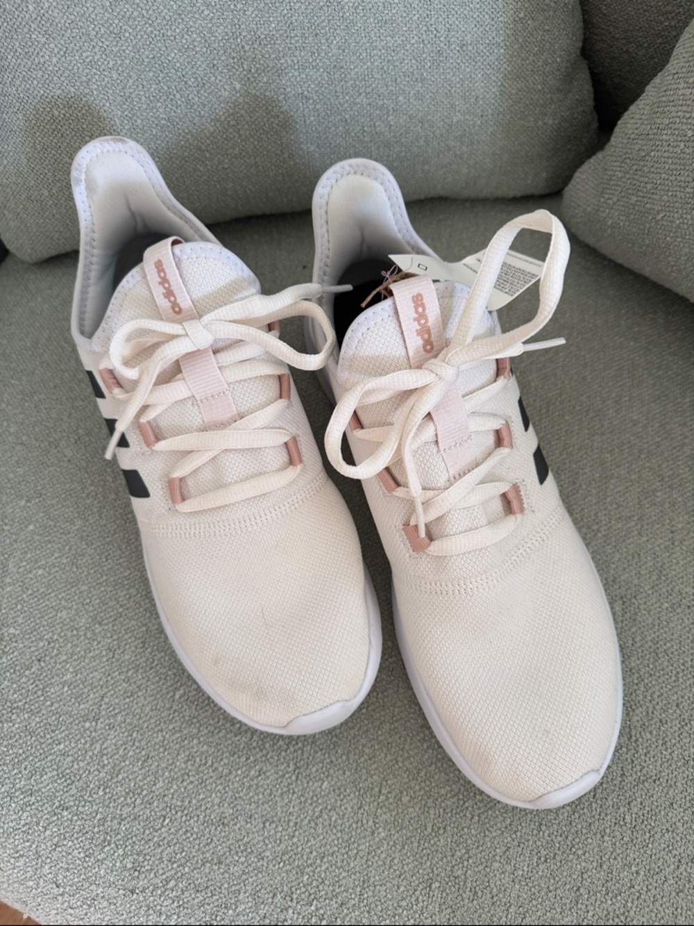 adidas Women’s Cream Running Shoes with Blush Pink Accents and Black Stripes